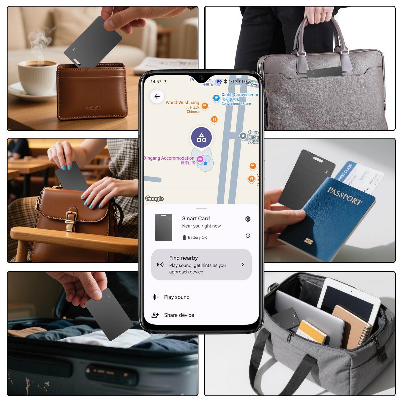 2 Stück Wallet Tracker für Android, kabellos wiederaufladbarer Smart Tracking Karte, Dünne Geldbörsen-Tracker-Karte kompatibel mit Google Mein Gerät Finden APP (Android NUR),Schwarz