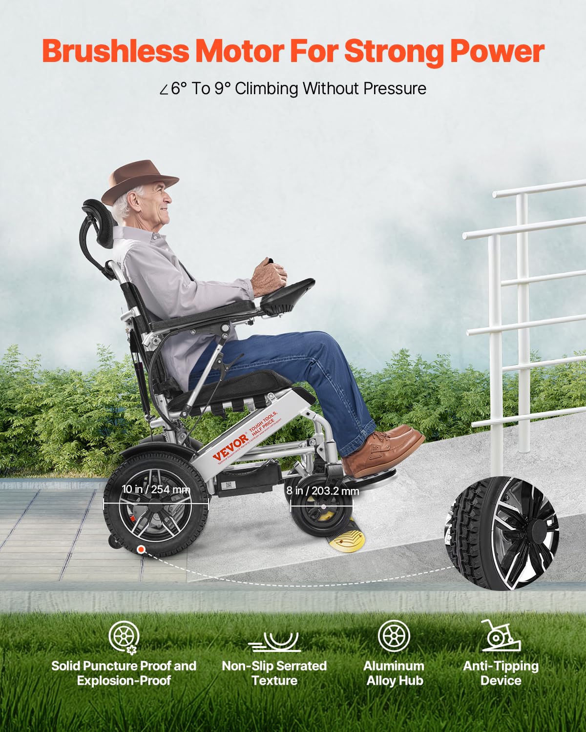 VEVOR Silla de Ruedas Eléctrica para Adultos Capacidad de 136 kg Respaldo Ajustable Plegable Ligera Motorizada Autonomía de 19,3 km Todoterreno Portátil para Personas Mayores, Discapacitadas