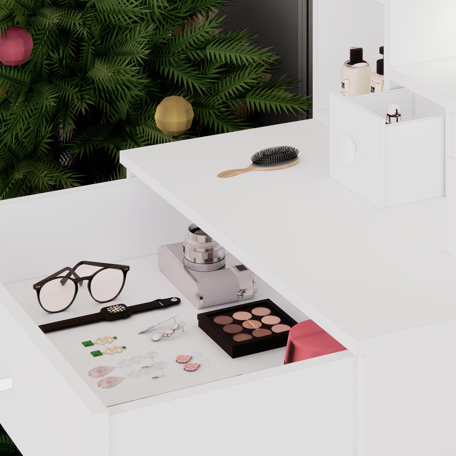 Tocadores de Maquillaje Niñas con Luz LED - Espejo 10 Bombillas Ajustables, Tocador Rosa Compacto 60 cm, Incluye Taburete