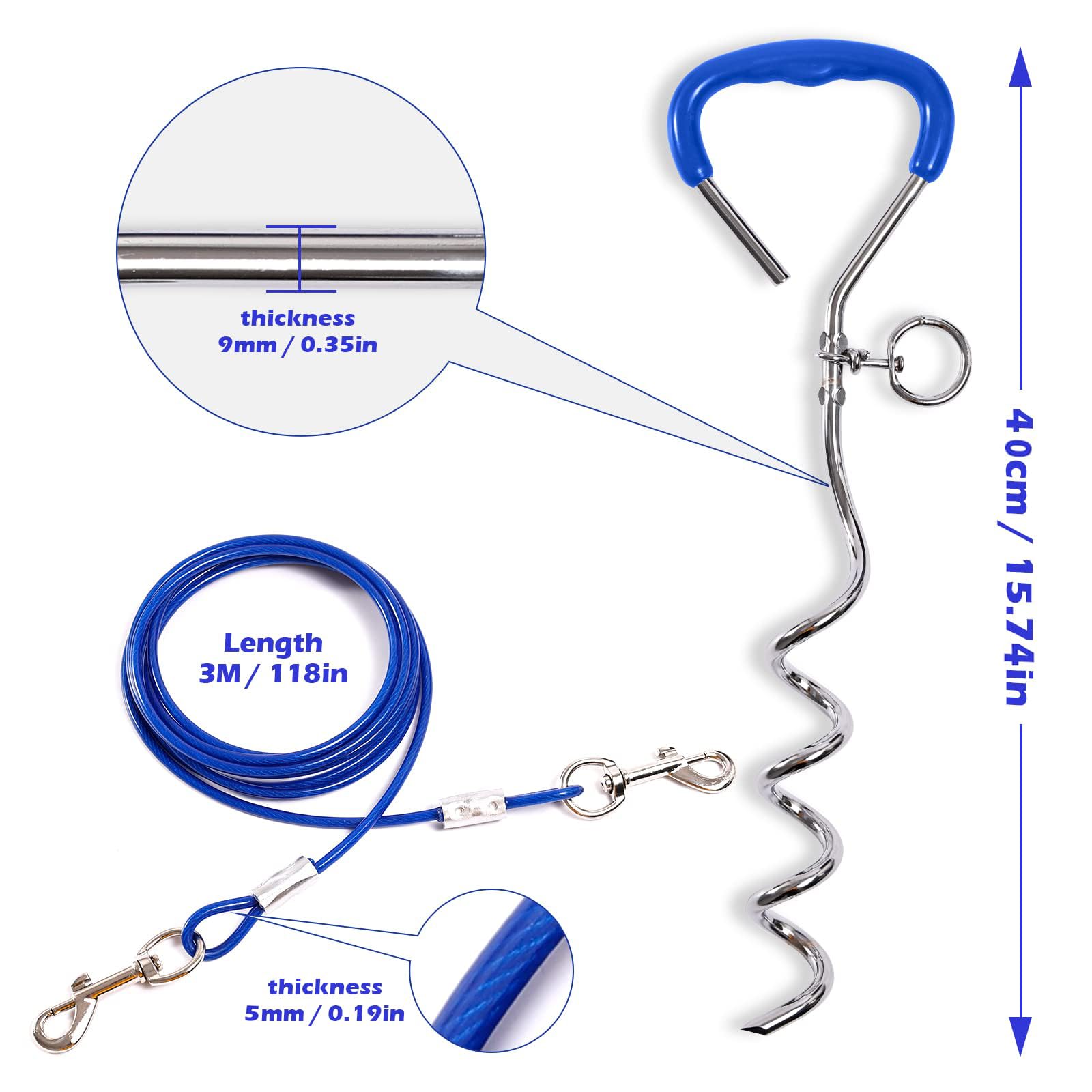 Ancrage en spirale bleu de 40 cm avec câble en acier de 5 mm x 3 m - Ancrage au sol à visser - Force de traction 80 kg - Pour chiots, animaux domestiques et chiens de taille moyenne - Accessoire pour