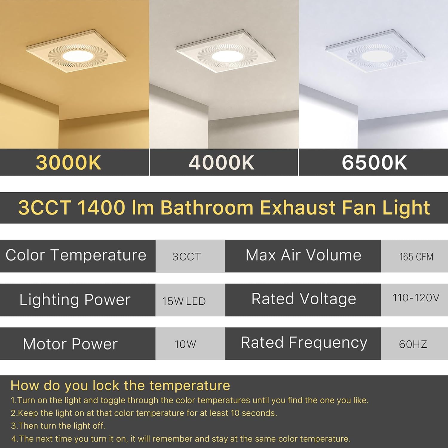 Bathroom 12IN Exhaust Fan with Light 165CFM 3CCT Shower Bathroom Vent Fan with 1400lm Led Light Combo Quiet 1.2 Sones Bath Ceiling vent with Adjustable Led Light (4000k Frosted White)