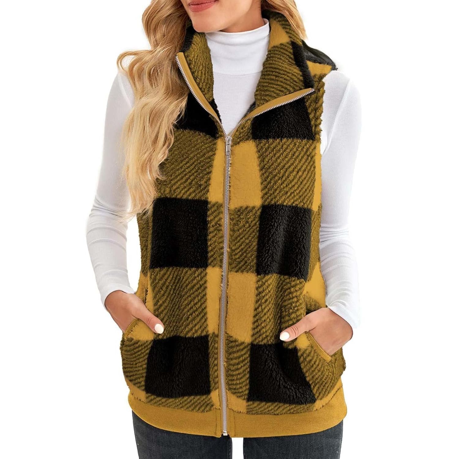 Long Vest for Women Sleeveless Plaid Fleece Vest Zip Up Jacket Flannel Sherpa Jacket Winter Plaid Coats with