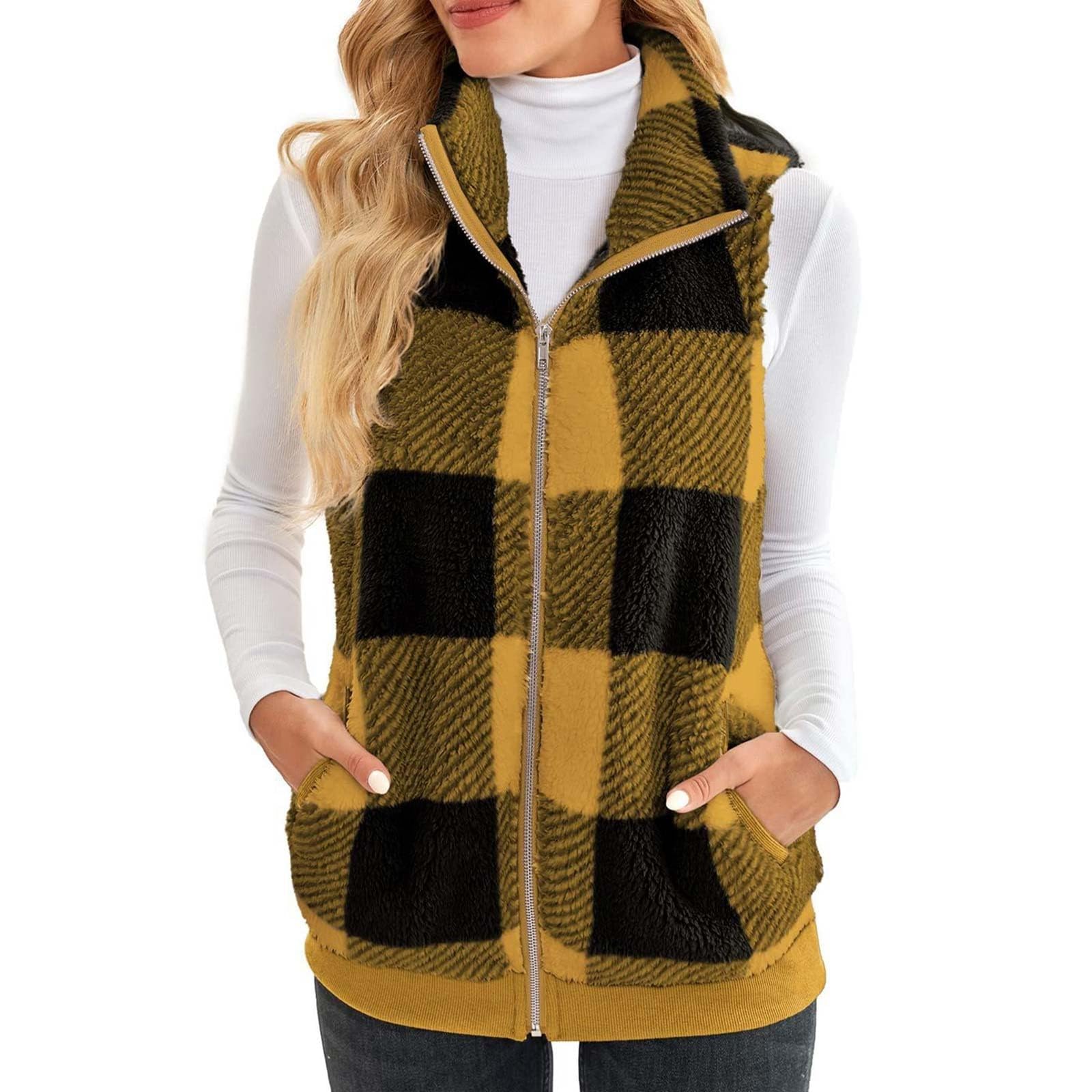 Long Vest for Women Sleeveless Plaid Fleece Vest Zip Up Jacket Flannel Sherpa Jacket Winter Plaid Coats with