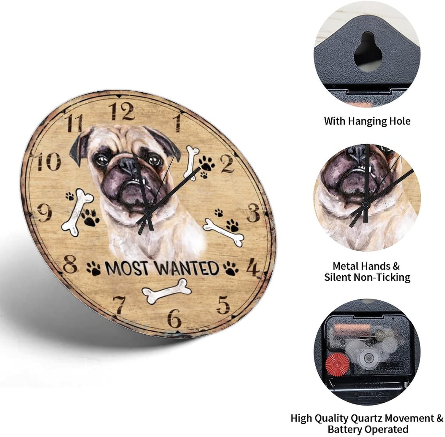 12in Hanging Clock Cute Pet Dog Paw Wood Wall Clock Arabic Numerals Personalised Non Ticking Analog Battery Operated Novelty Popular Wall Decor for Hallway Master Room Homeschool Garage image 3