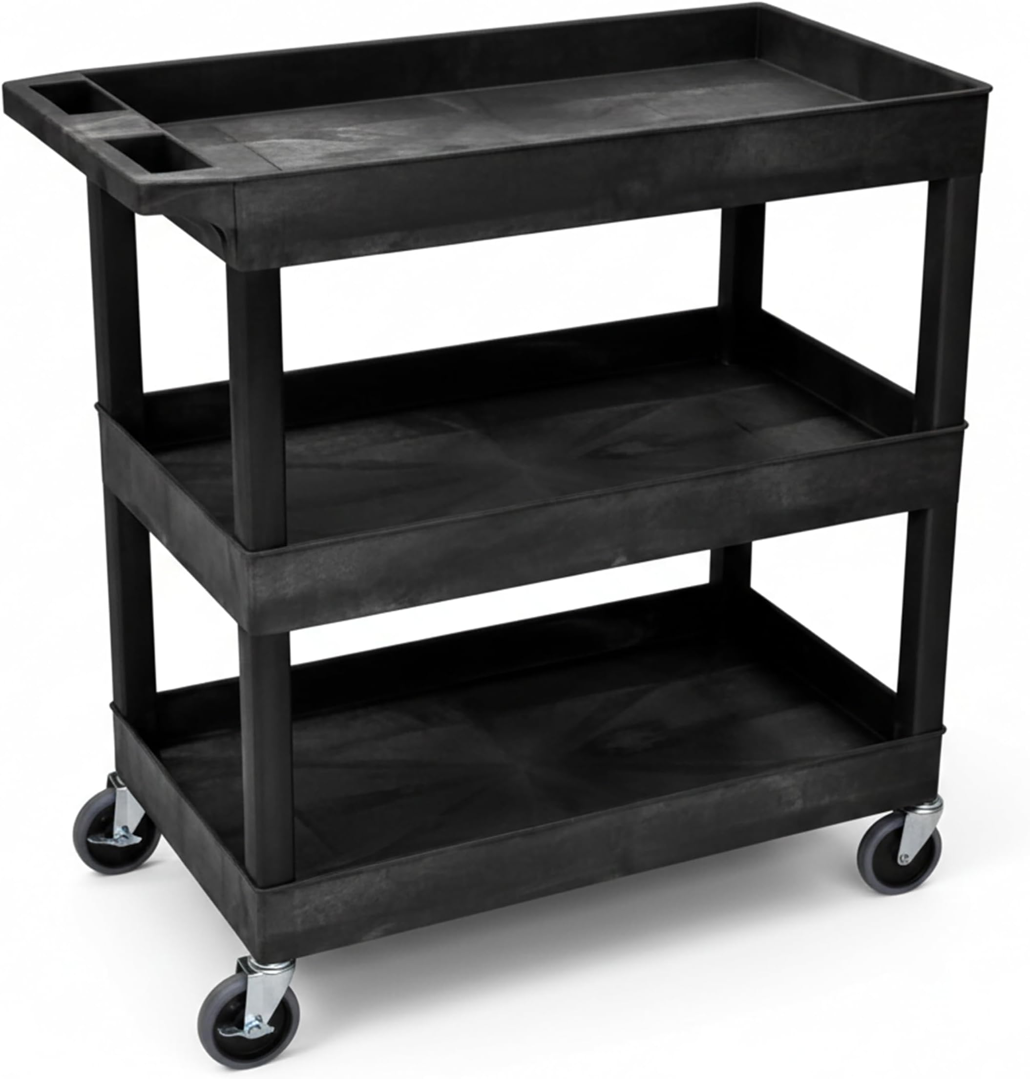 LUXOR EC111-B Heavy Duty Plastic Utility Cart, 32" x 18" Rolling Tub Cart with Three Shelves, 300 lbs. Capacity, Ergonomic Push Handle, Black