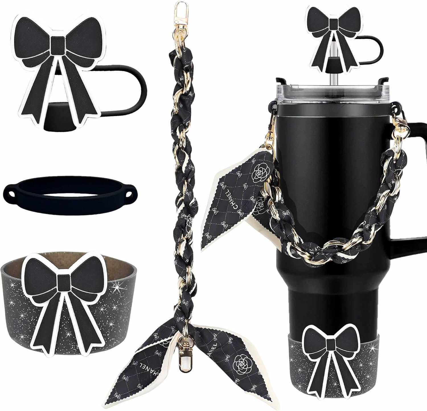White Bow Tie Cup Accessories Set for Stanley 20-40oz Straw Topper Boot thumbnail