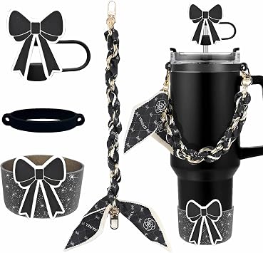 Black Bow Tie Cup Accessories Set for Stanley 20-40oz Straw Topper Boot