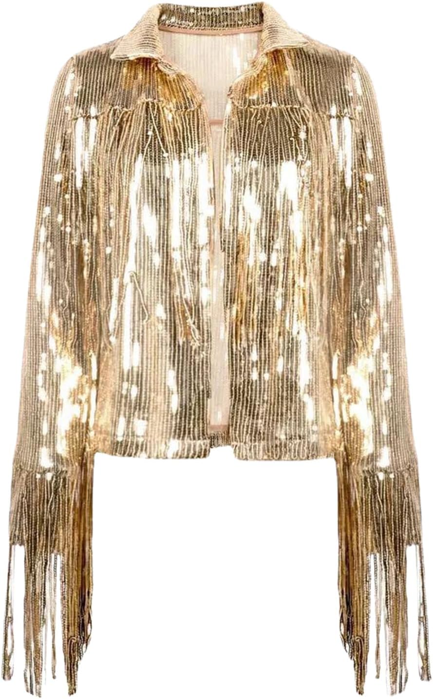 Oplxuo Women's Tassel Sequin Jacket Sparkly Retro Long Sleeve Club Party Glitter Fringe Jacket Cropped Sequin Coat Streetwear