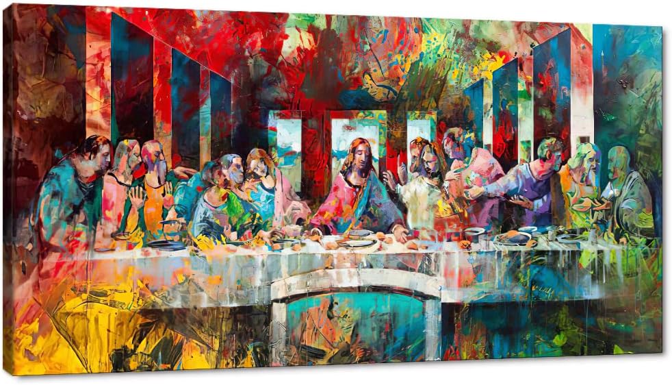 Large Canvas Wall Art - Colorful The Last Supper Painting Picture Framed Reproduction Prints Poster Modern Home Decoration for Living Room Bedroom Office, Ready To Hang 48x24 in