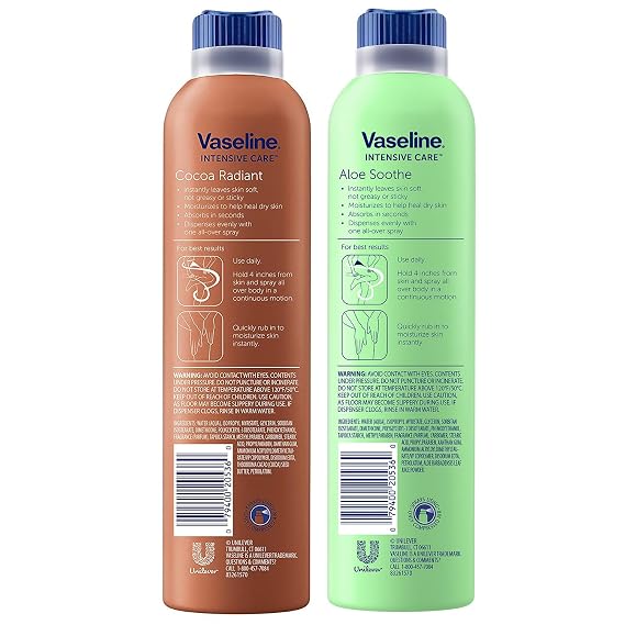 Vaseline Cocoa Radiant+ Aloe Soothe Spray Variety 2-Pack Non-Greasy, Fast-Absorbing All-Over Moisturizer for Dry Skin, 6.5 Oz Ea