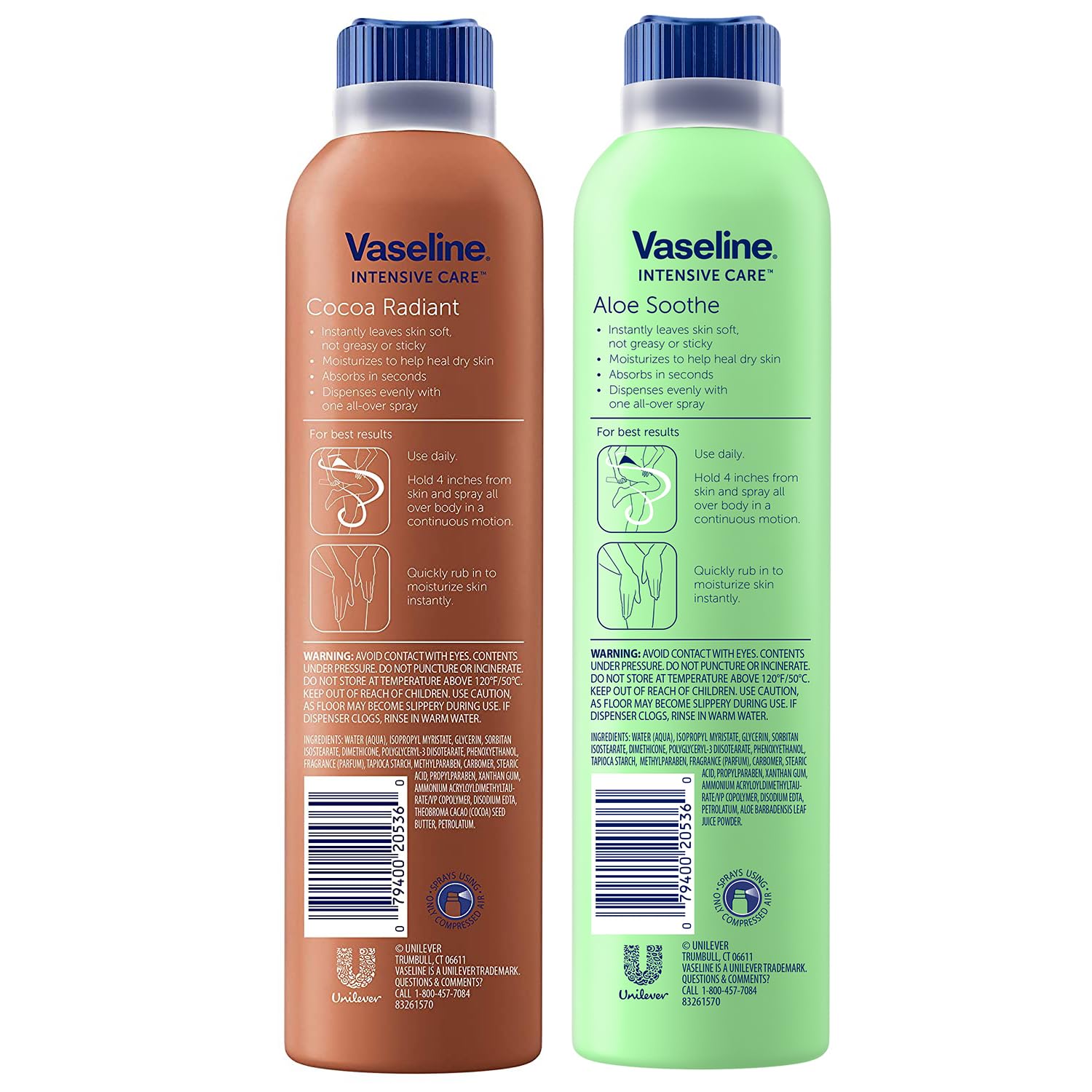 Vaseline Cocoa Radiant + Aloe Soothe Spray Body Lotion Set, 6.5 Oz Each