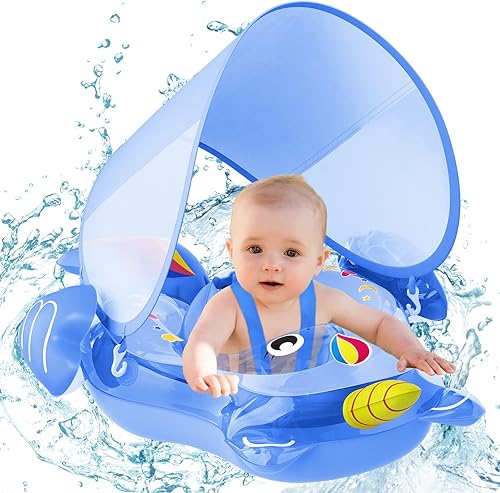 Baby Pool Float - Infant Inflatable Swimming Floaties with UPF50+ Sun Canopy - Bottom Support and Anti-Flip Tail for Safer Swim for Newborn Age 3-36