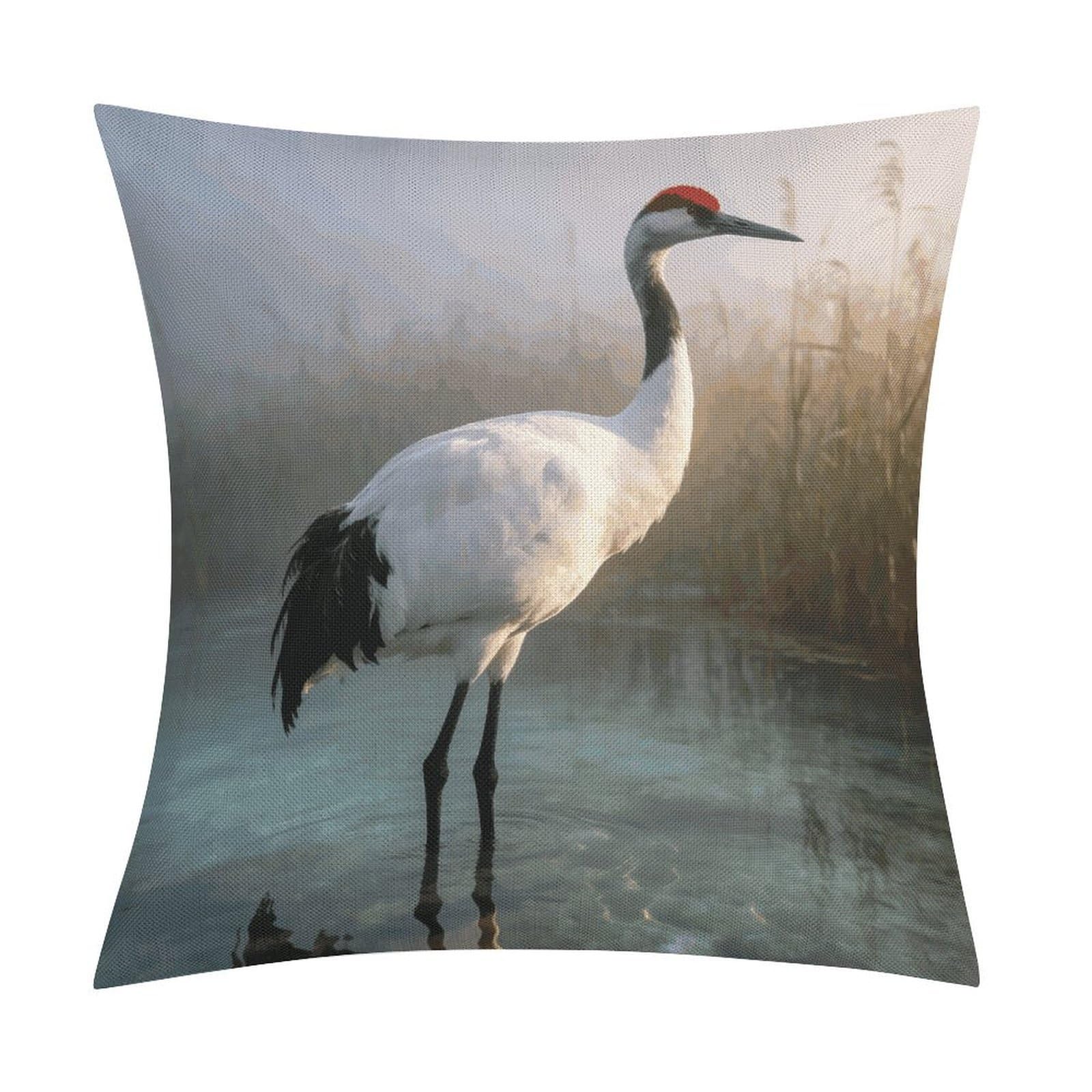 LZQPOEAS Majestic Crane Throw Pillow Covers, Waterproof Faux Linen Pillow Cases with Invisible Zipper, Decorative Square Cushion Covers for Sofa Couch Living Room Bedroom 18x18 Inch