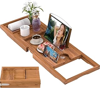 Premium Teak Bathtub Tray Caddy, Expandable Wooden Bath Tray for Tub,Luxury Bathroom Accessories,Great House Warming, Anniversary & Wedding and Birthday Gifts