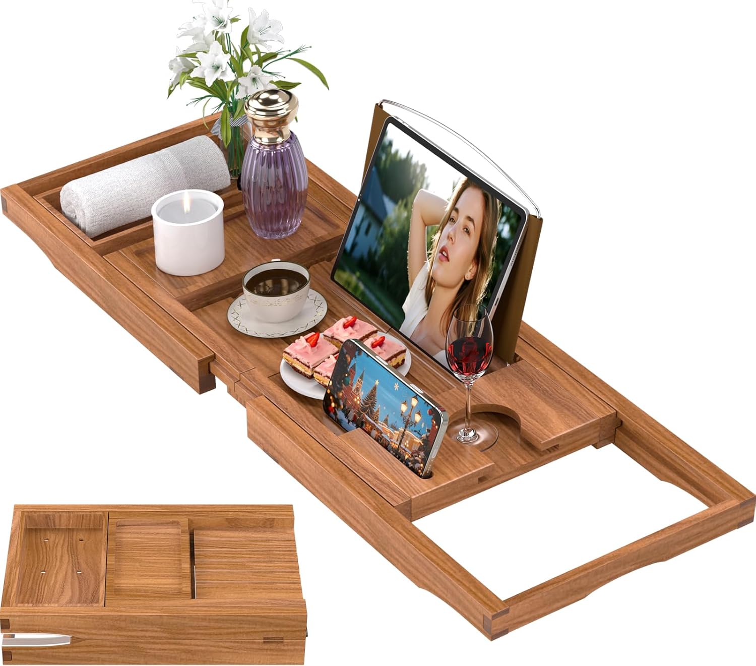 Premium Teak Bathtub Tray Caddy Expandable Wooden Bath Tray for Tub Luxury Bathroom Accessories Great House Warming Anniversary