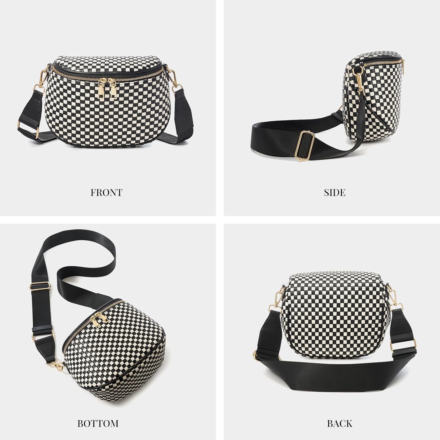 Woven Vegan leather Crossbody Bags For Women, Checkered Fashion PU Bum Bag Waist Pack, Travel Sling Purse with Adjustable Strap（Black) - Image 6