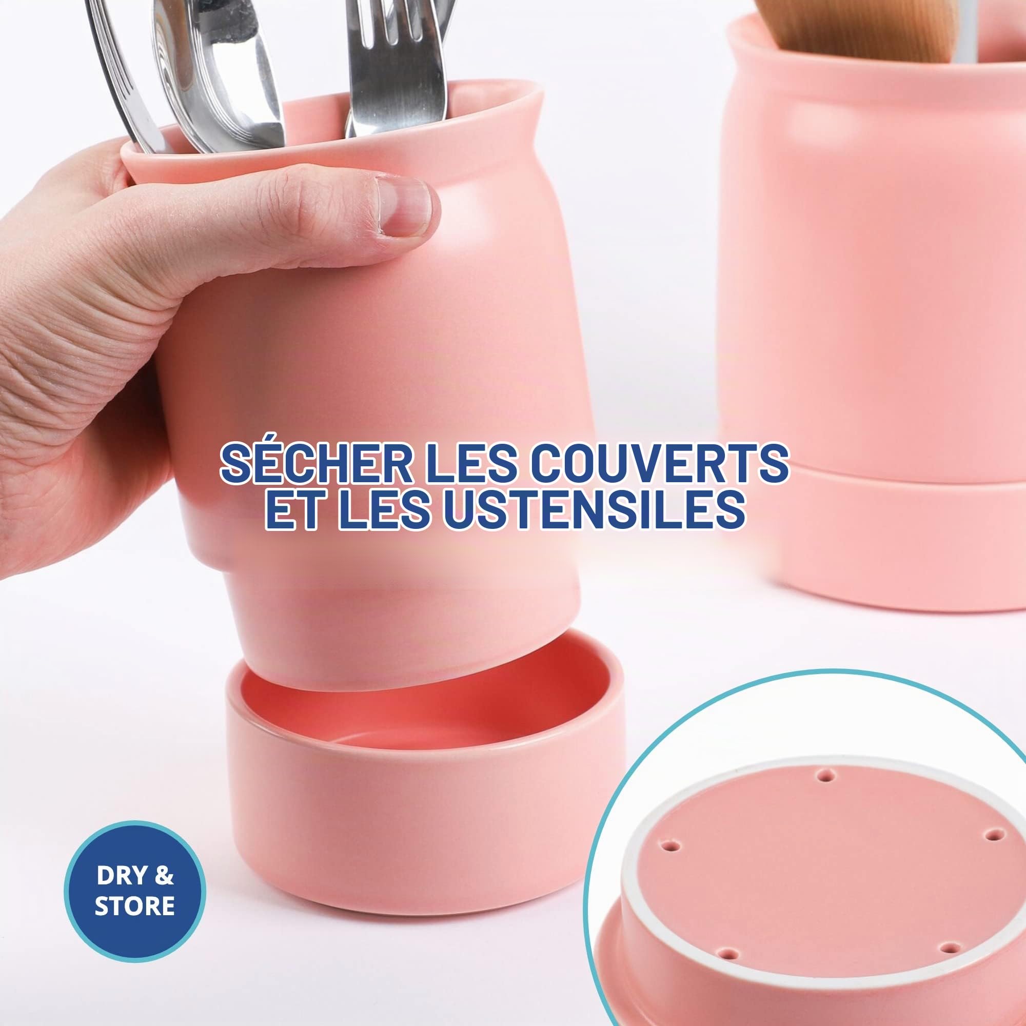 BLUE GINKGO Ceramic Utensil Holder [Pack of 2] - Cutlery Containers with Removable Draining Tray (Pink)