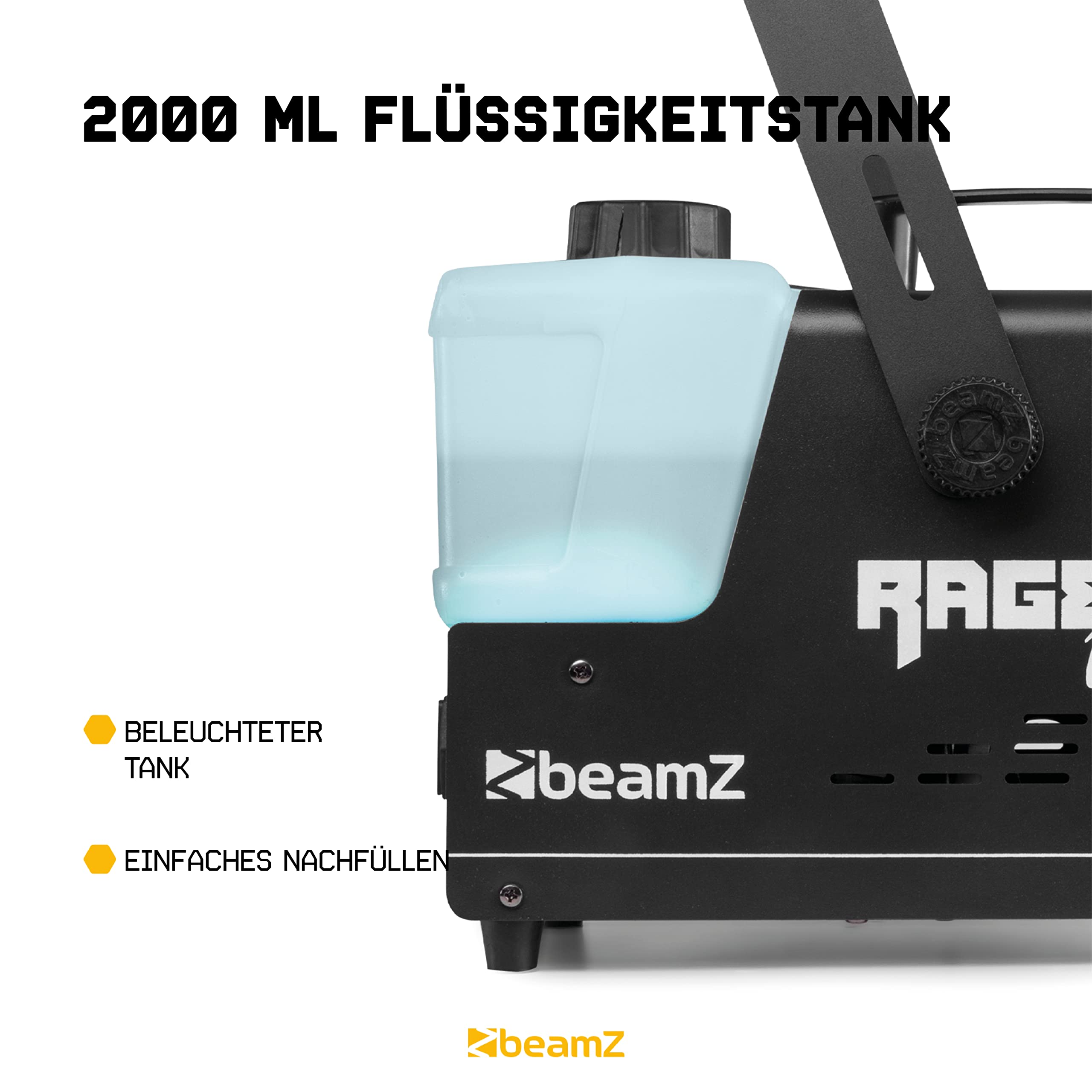 BeamZ RAGE1000 Nebelmaschine mit Flüssigkeit, 5 Liter Inkl., 1000 Watt Fogger, 2x Fernbedienung, Smoke Machine mit 2L Tank, Fog Machine für Party, Hochzeit, Events, Halloween