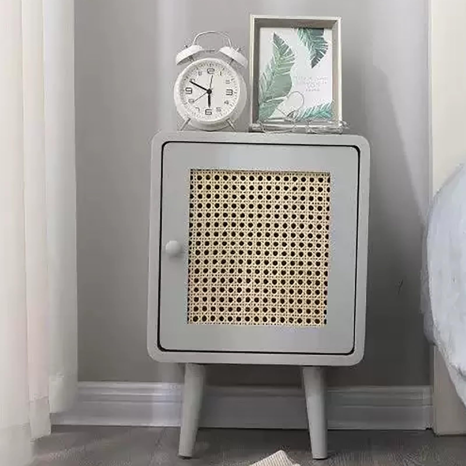 SXZenSpace Farmhouse Nightstand, Cane Accent Bedside End Table for Bedroom, Dorm and Small Spaces(Gray)