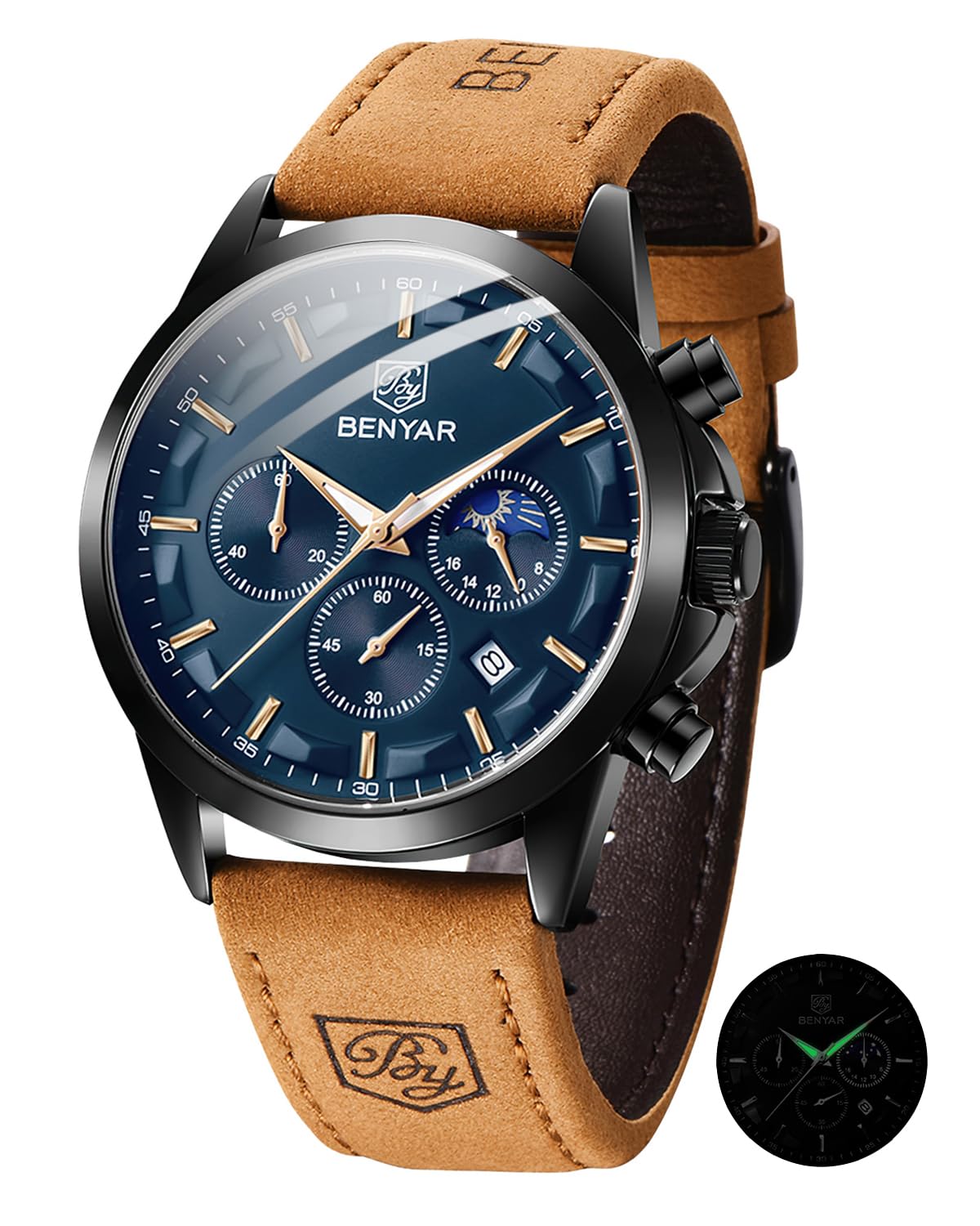 BY BENYAR Reloj para Hombre Sports Casual Acero Inoxidable Fecha analógica Diseñador Cronógrafo Resistente al Agua Reloj de Cuarzo para Hombre