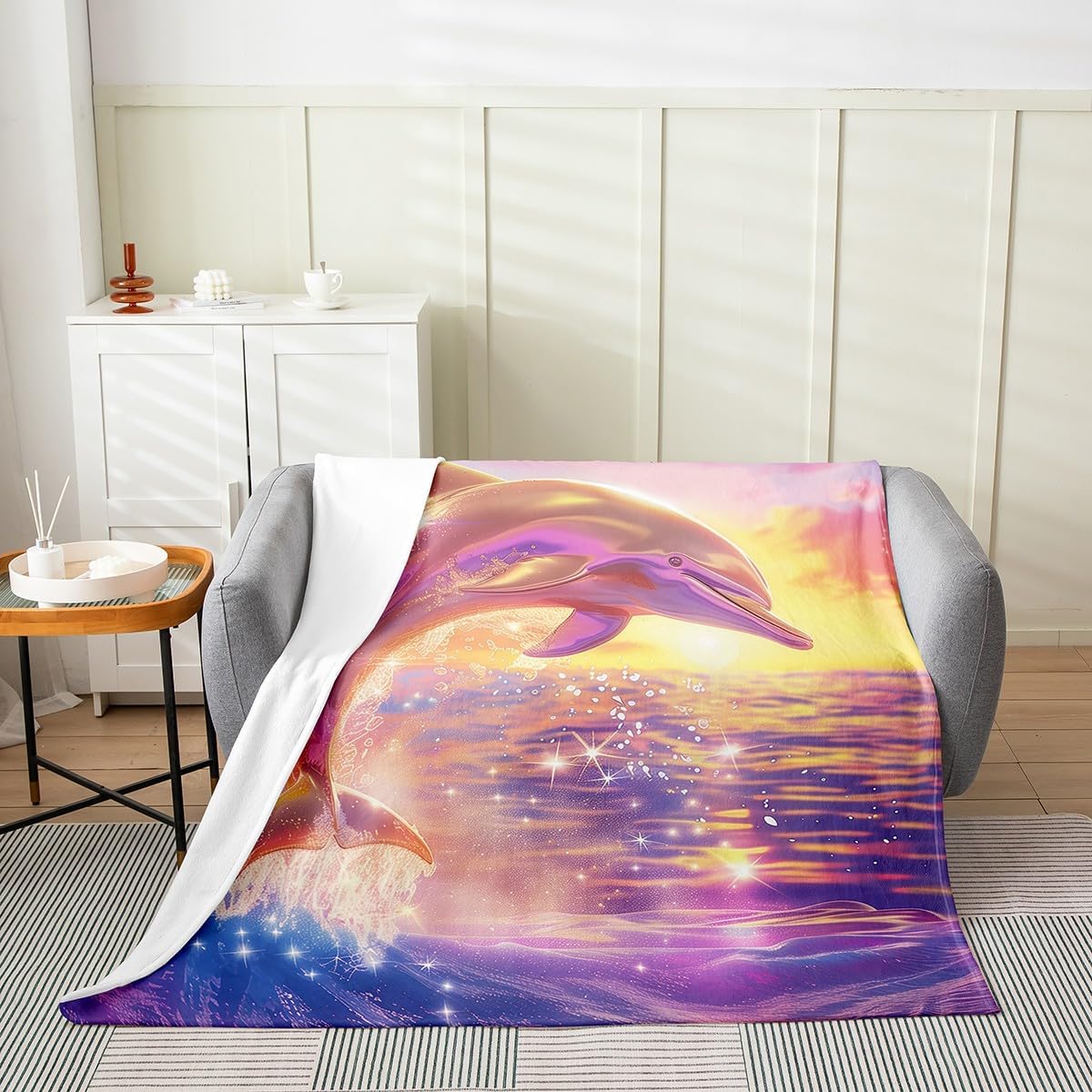 Pink Dolphin Fleece Blanket,Watercolor Ocean Waves Sky Sunset Paint Bed Blanket for Kids Teens,Kawaii Animal Marine Life Starry Glitter Flannel Blanket for Room Decor,Queen 90"x90"