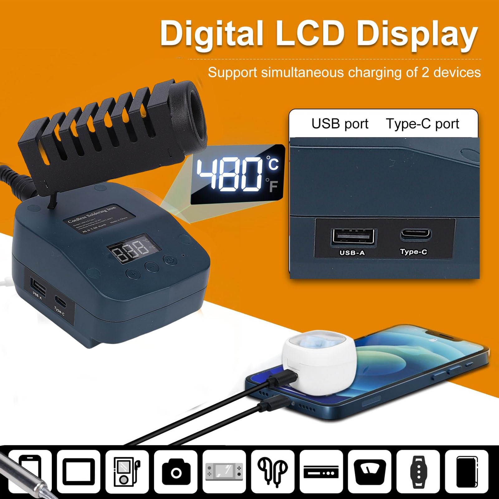 Fafeicy Estación de Soldadura de Hierro Inalámbrica, Pantalla LCD de 60W con USB Tipo C para Reparación de Electrodomésticos con Batería BAT609 y Electrónica DIY