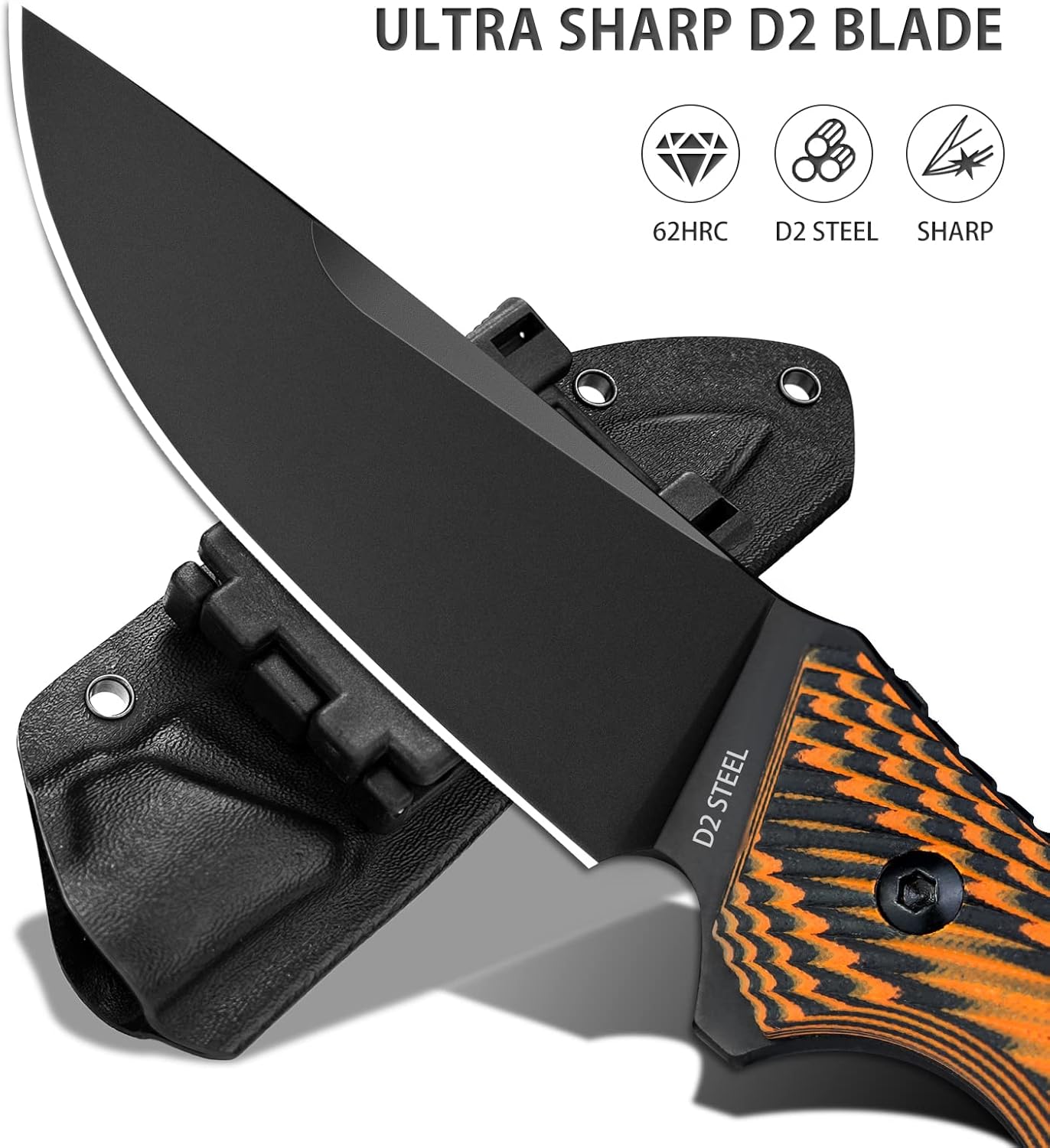 LOTHAR Fixed Blade Hunting Knife for Men, Full Tang D2 Survival knives with Leather Sheath, G10 Handle Outdoor Camping Knife, Suitable for Wild survival, hunting, Camping, Adventure, Bushcraft Knife : Sports & Outdoors