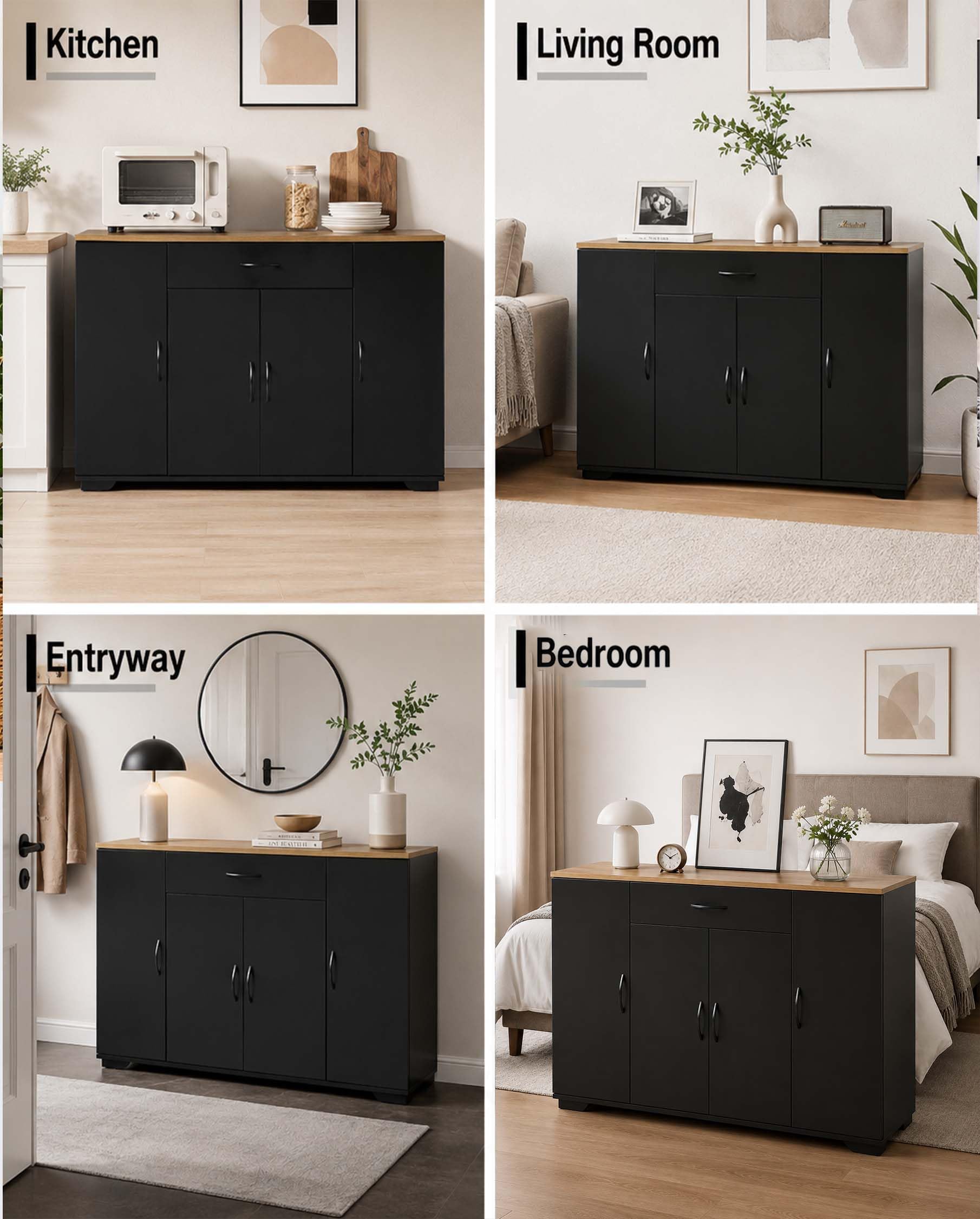 Küchenschrank mit Arbeitsplatte Schwarz Küchenkommode 110 x 30 x 70 cm mit Schublade und 4 Türen Küchenunterschrank schmal freistehend Sideboard Stauraum Küche Esszimmer