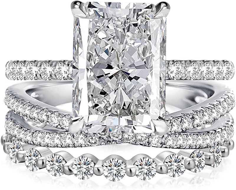 3.5 Carat Radiant Cut Wedding Ring Set for Women, 3 Piece Cubic Zirconia Ring Set, 18K White Gold Plated S925 Sterling Silver CZ Engagement Ring & Wedding Band