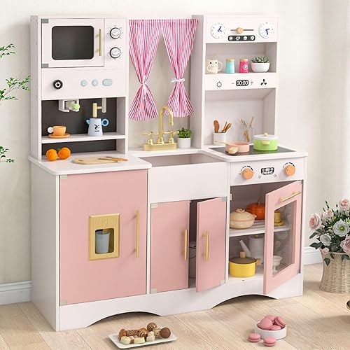 INFANS Juego de cocina para niños, juego de cocina de juguete de cocina con estufa de cafetera, fregadero extraíble, gabinete de almacenamiento para