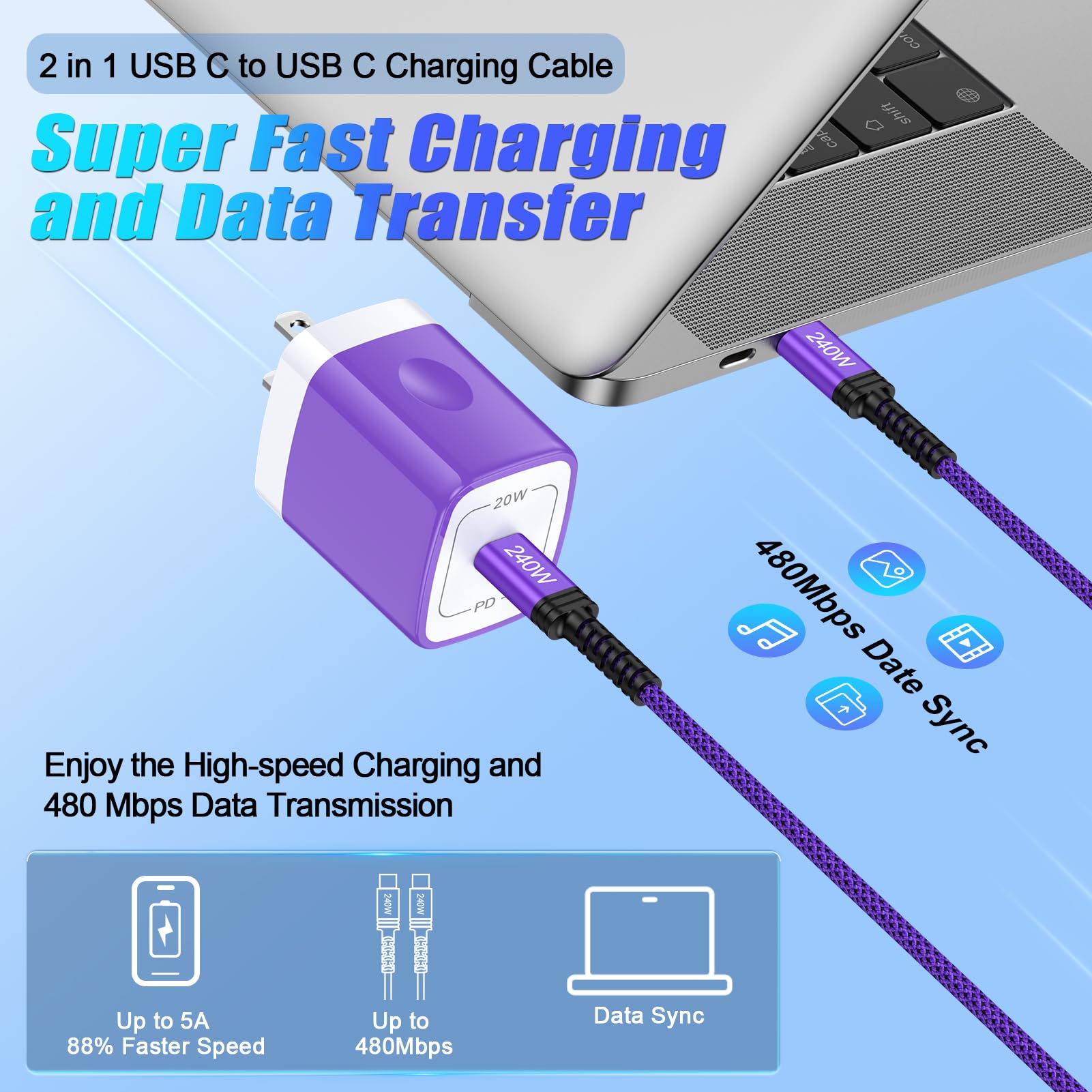Cavo di ricarica rapida USB C a C, 3 m, 240 W, lungo tipo C a USB C, cavo di ricarica rapida per Samsung Galaxy A17 Z Fold 7 S25 Plus Ultra Edge A16 A54 S24, Pixel 10 Pro XL Fold, MacBook Pro/Air