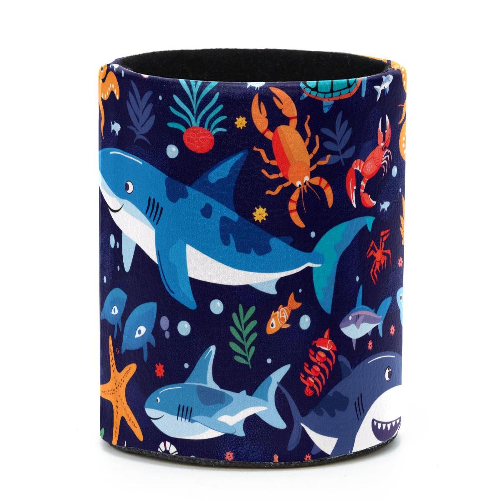 VAPOKF Round Pencil Holders for Desk, Sharks Starfishes Pen Holders Pen Pot Makeup Brushes Storage Desktop Stationery Supplies Organiser for Home Office