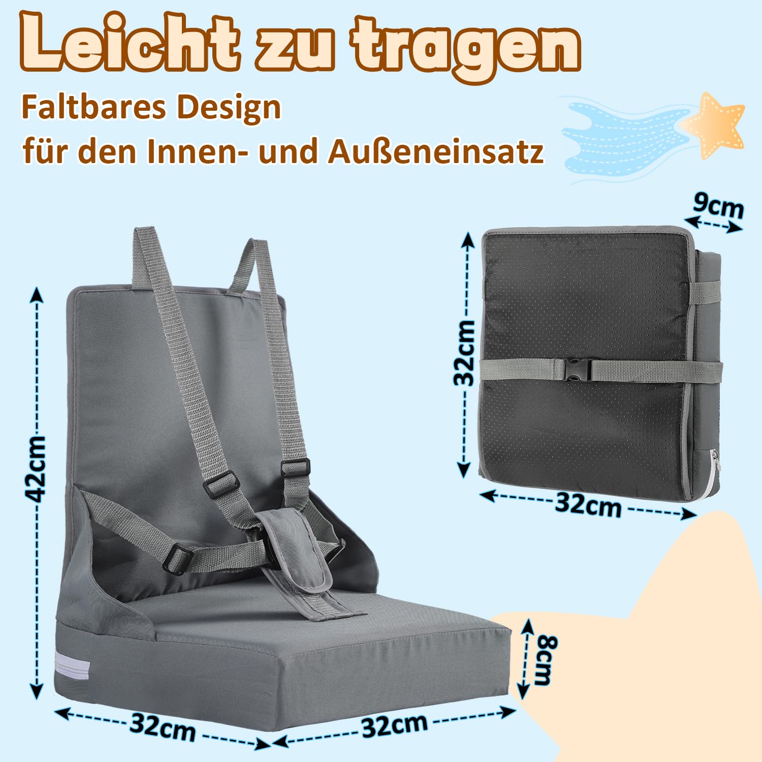 Asiento elevador de silla infantil, correa de 5 puntos, plegable silla elevador, cojín portátil para niños con respaldo, impermeable y fácil de limpiar, incluye bolsa de almacenamiento, gris