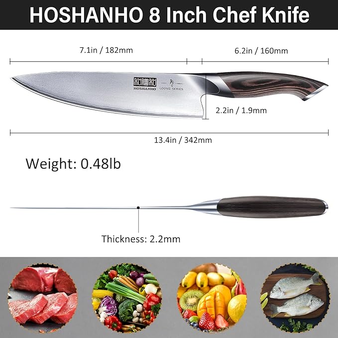 A hallmark of style and utility, the HOSHANHO chef's knife boasts a fashion-forward matte blade design. Skillfully crafted with a blend of modern technology and traditional techniques, the blade undergoes ice tempering and heat treatment to resist cold, heat, corrosion, and moisture. The handle, made from ultra-durable wood, features an innovative sloped bolster shape to ensure a safer, more comfortable grip. Its ergonomic design allows for smooth, natural movements without straining your wrist, enhancing your cooking experience with every use.