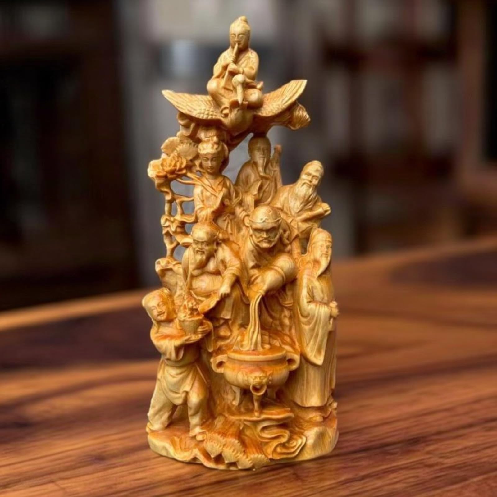 Scultura decorativa in legno di cipresso scogliera con otto immortali che attraversano il mare Buddha statua con scatola, 16 cm, scultura decorativa