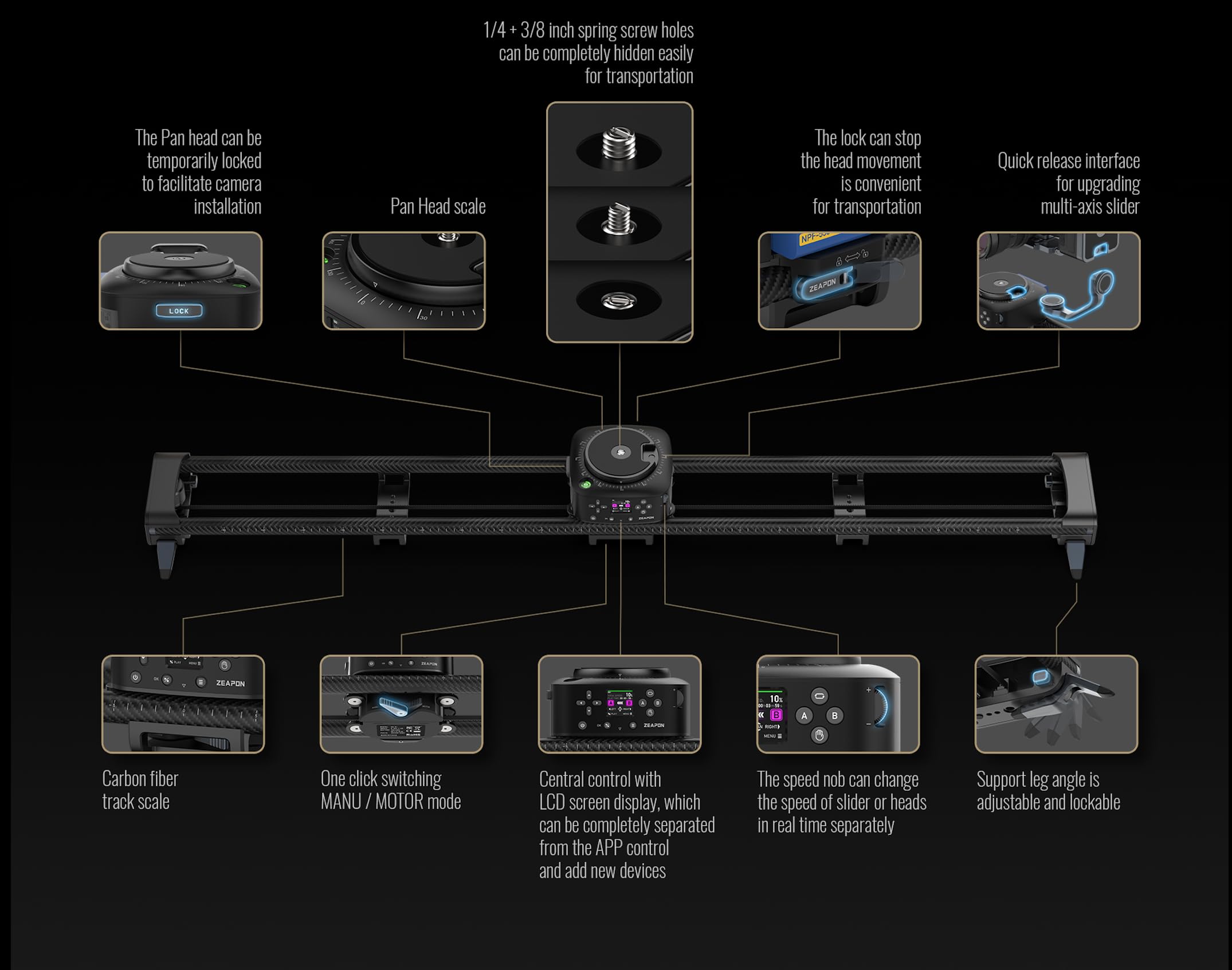 Zeapon AXIS 100 Pro Slider per fotocamera motorizzata multiassale, controllo app, dolly DSLR professionale con schermo LCD, testa girevole per scatti time-lapse panoramici a 360° (100 PRO)