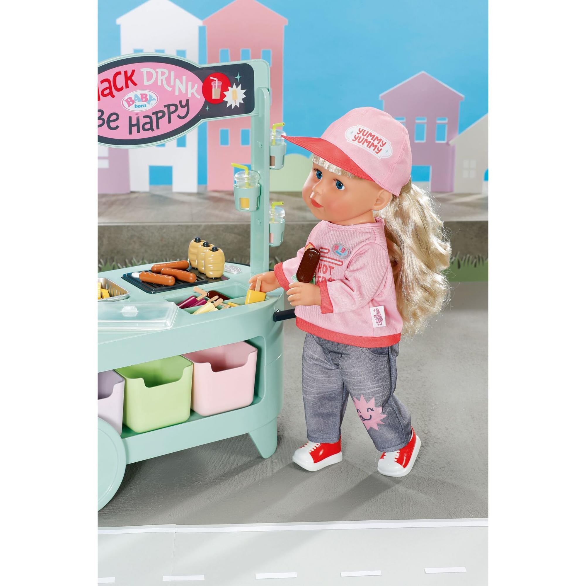 BABY born Sklep z przekąskami - Eetkraam voor poppen met geluidseffecten - 25 verschillende fastfoodsnacks - Hoogwaardige poppenaccessoires - Geschikt voor kinderen vanaf 3 jaar | Efekty dźwiękowe, 25 przekąsek typu fast food, odpowiednie dla lalek 43 cm