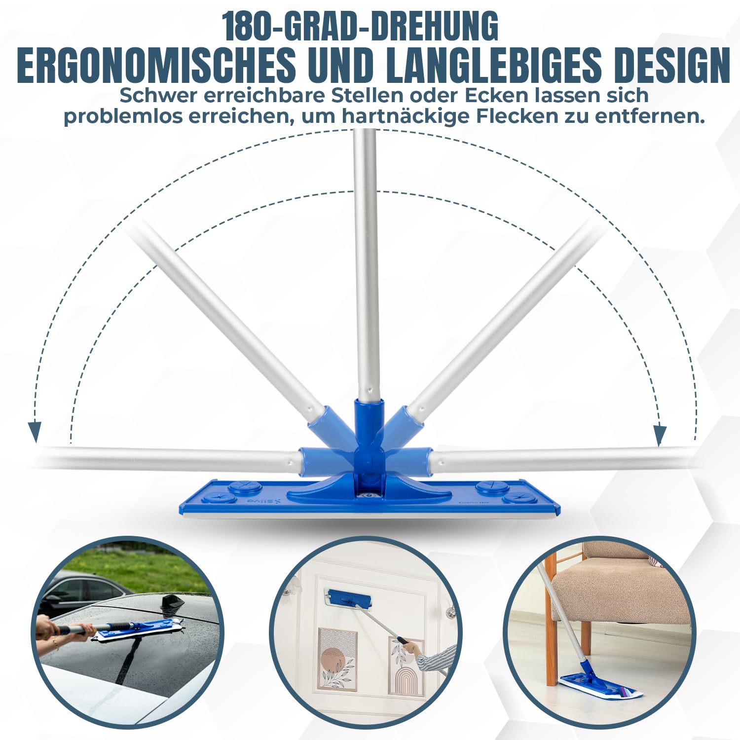 [Test SEHR GUT, Note 1.0*] Silva Ergonomischer Bodenwischer mit Teleskopstiel 90–156 cm | Mikrofaser Wischmopp Set mit 3 Bezügen (nass, trocken, Wand) | 360° Drehgelenk, für Fliesen, Parkett & Fenster