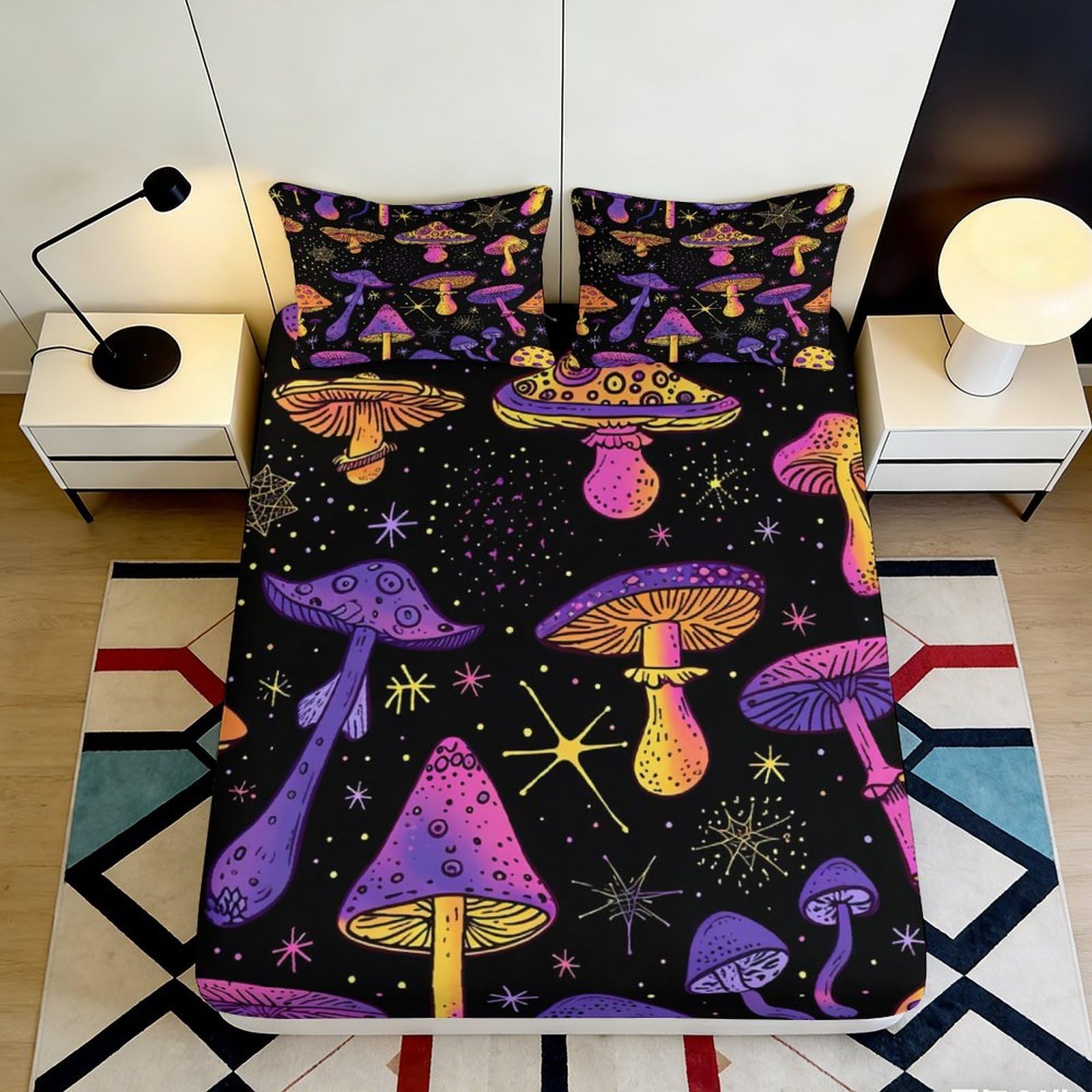 3D Printed Psychedelic Mushroom Fitted Sheet Microfiber Soft Breathable Neon Night Mattress Cover for Bedroom Dorm Mattress Protection Decor 90x200x25cm