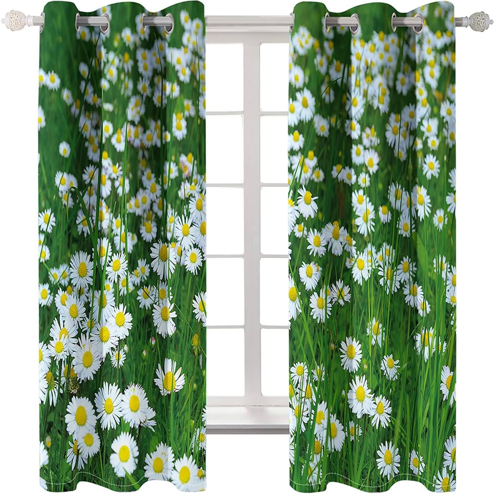Vorhänge Schlafzimmer Modern, 96x138cm Weiß Gelb Grün Gänseblümchenfeld Schlafzimmer Gardinen und Vorhang Kälteschutz & Wärmeisolierend