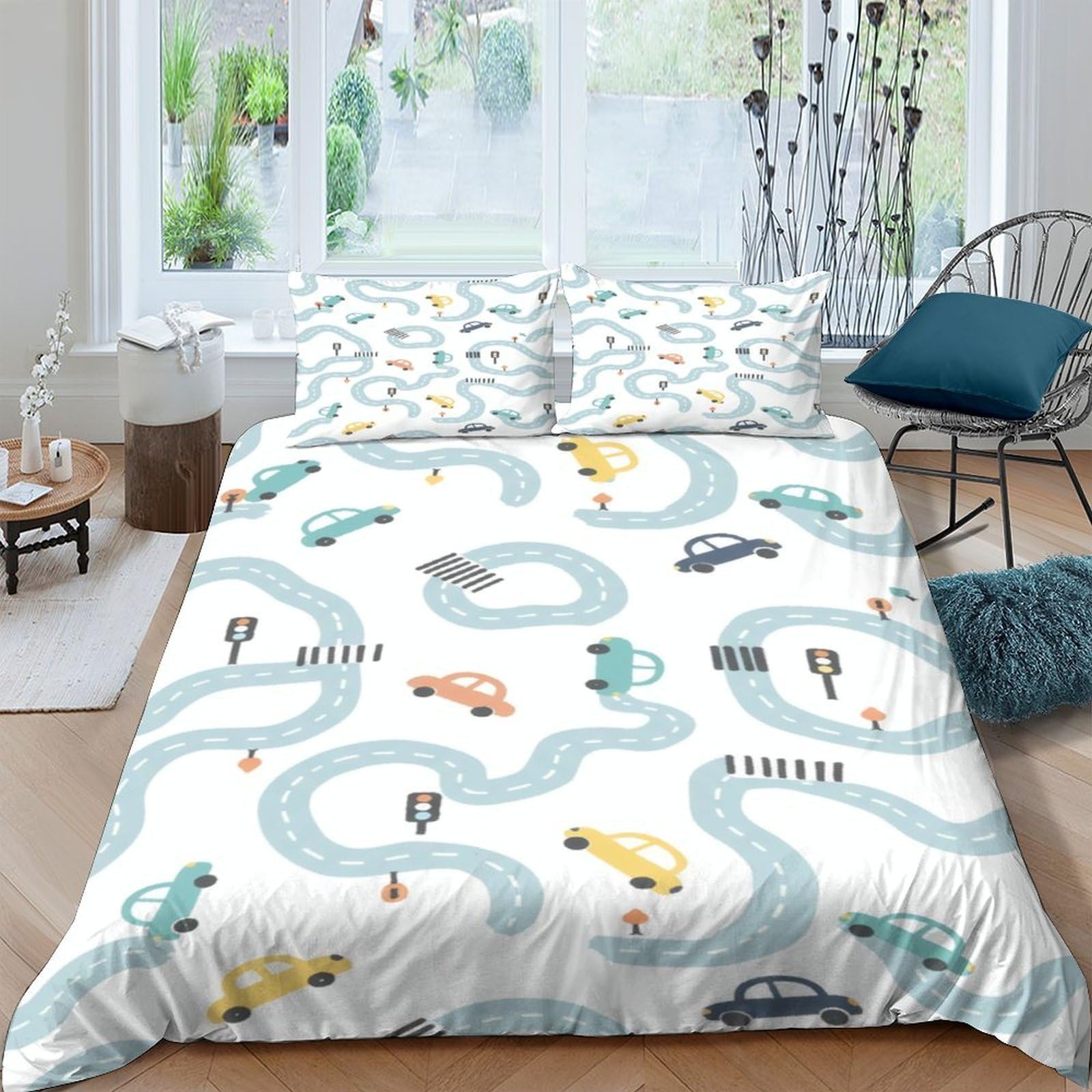 Ctjqhvkz Style-2 3D Printed Cartoon Cars Fitted Sheet Microfiber Soft Breathable Road Track Bed Cover For Bedroom Guest Room Decor Single（135X200cm）