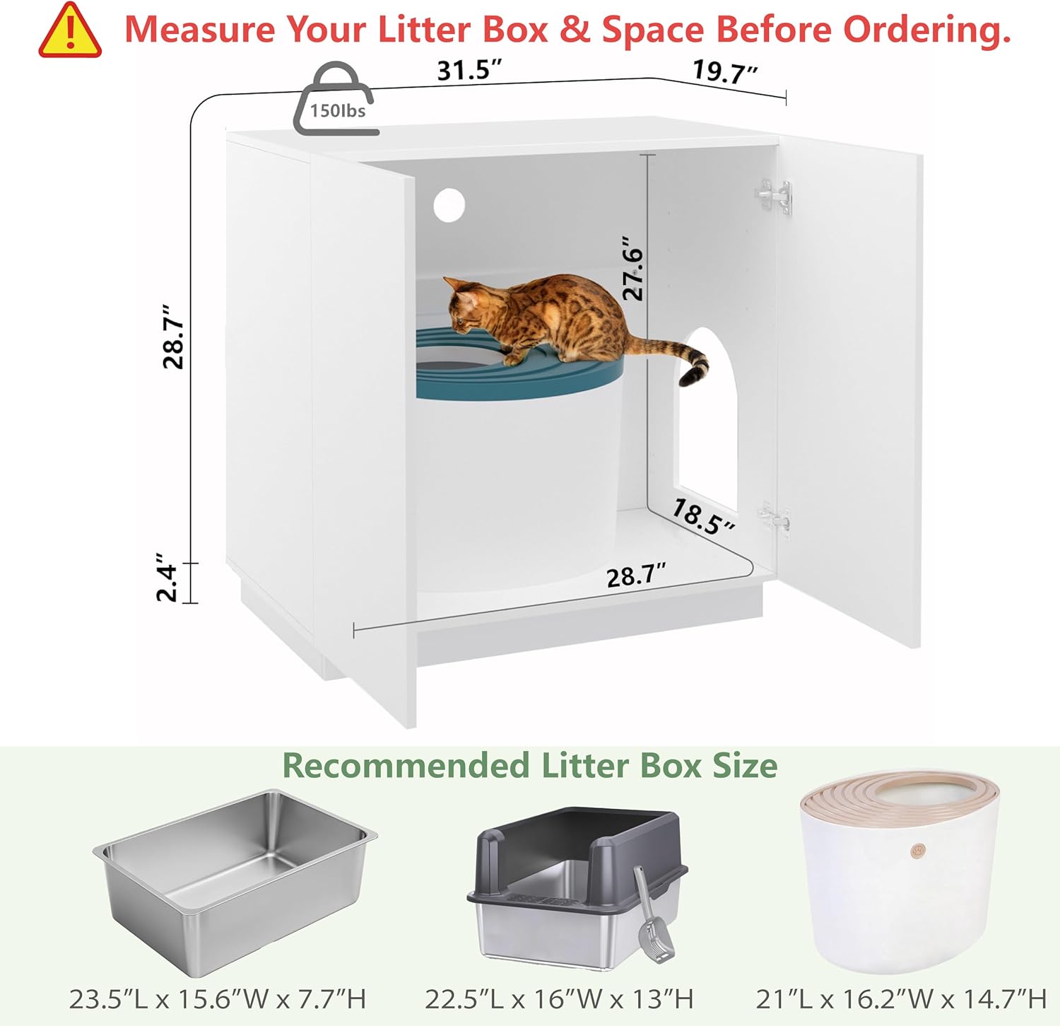 Large/Tall Litter Box Enclosure, Modern Wooden Litter Box Furniture for XL Litterbox with Hidden Storage as Sideboard Cabinet (White)