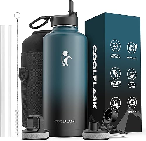 Botella de agua de 87 onzas con popote Coolflask de acero inoxidable aislado de 23 galones grande 3 tapas jarra de agua grande para deportes u