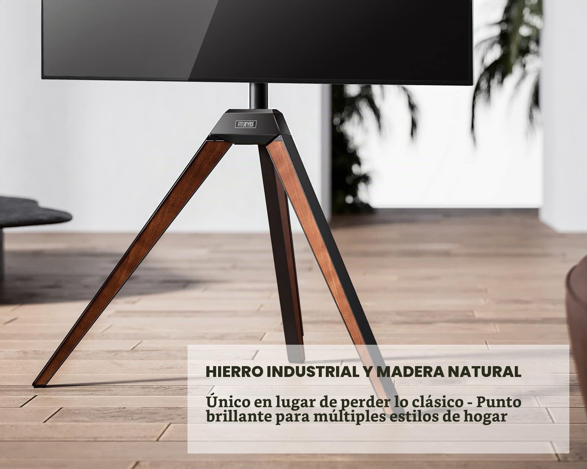 FITUEYES Soporte TV Pie Trípode 37-65 Pulgadas Madera Haya, Serie Picasso | Soporte TV Pie Ajustable, Diseño Caballete Picasso, Madera de Haya, Giro ±20°, VESA 400×400mm, Carga 35kgMadera