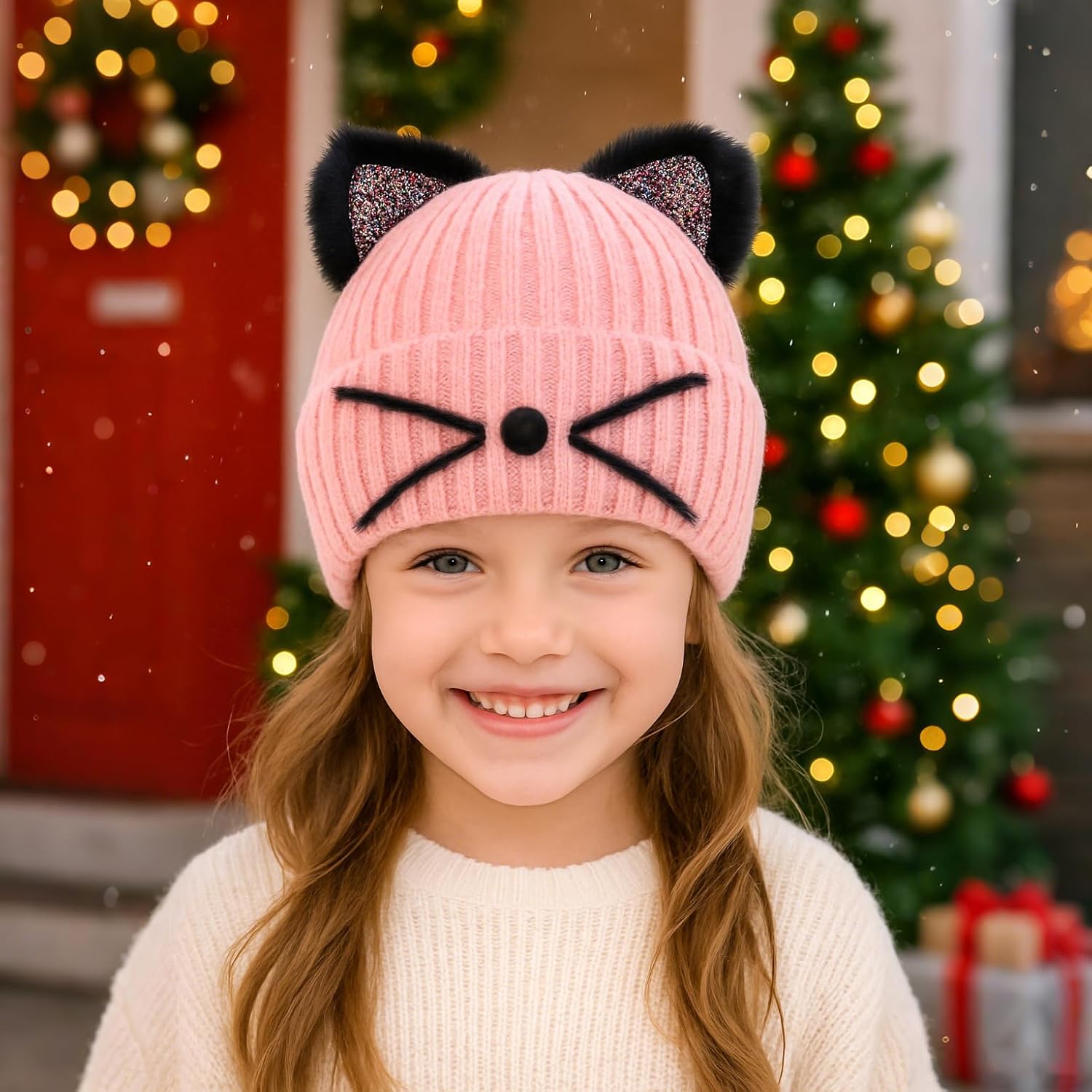 Girls Sequin Cat Ears Hats Cute Winter Beanies Hat for Outdoor Snow Ski Warm Knit Caps (Age 7-15)