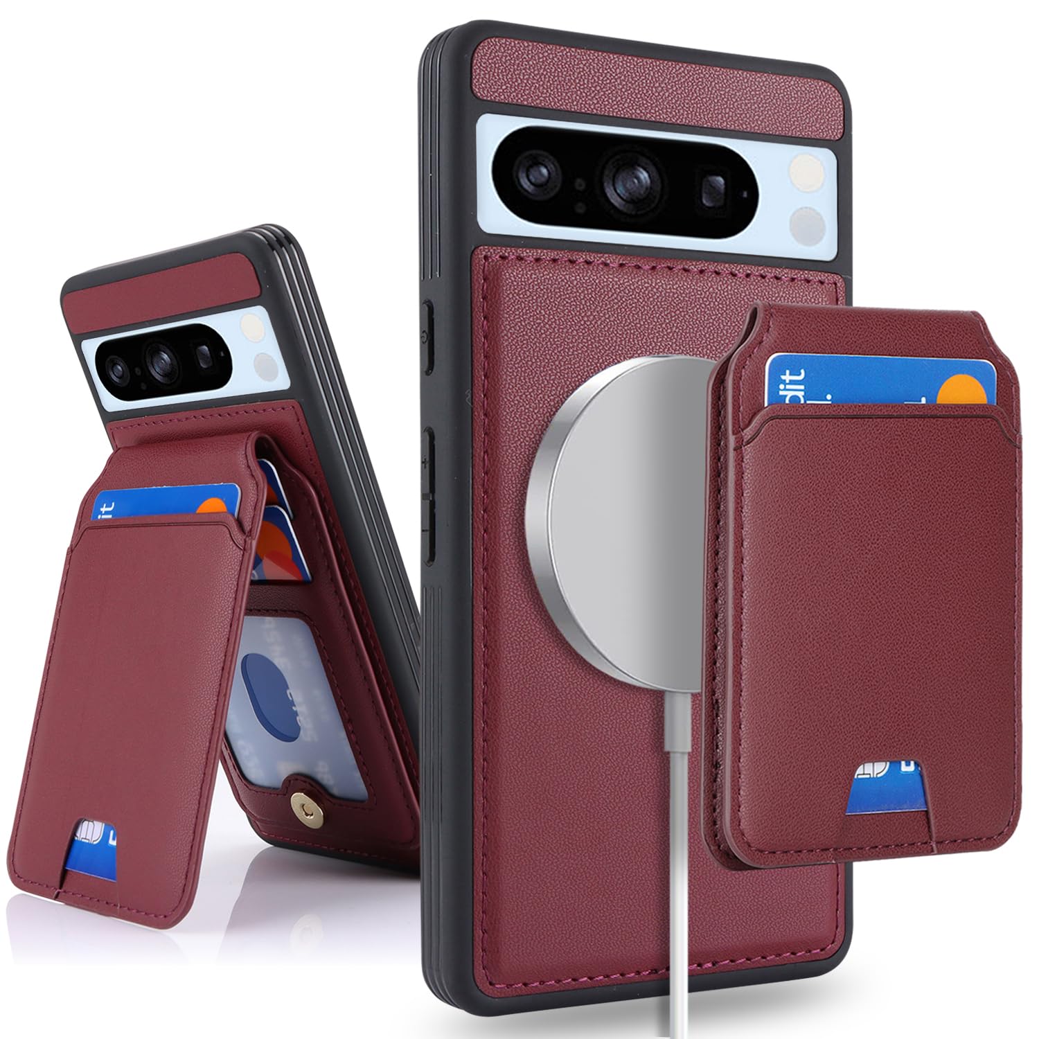 SailorTech for Google Pixel 8 Pro case with Credit Card Holder, fits Pixel 8 Pro Leather Case Wallet for Women Compatible Wallet Detachable 2-in-1 for Men-Red