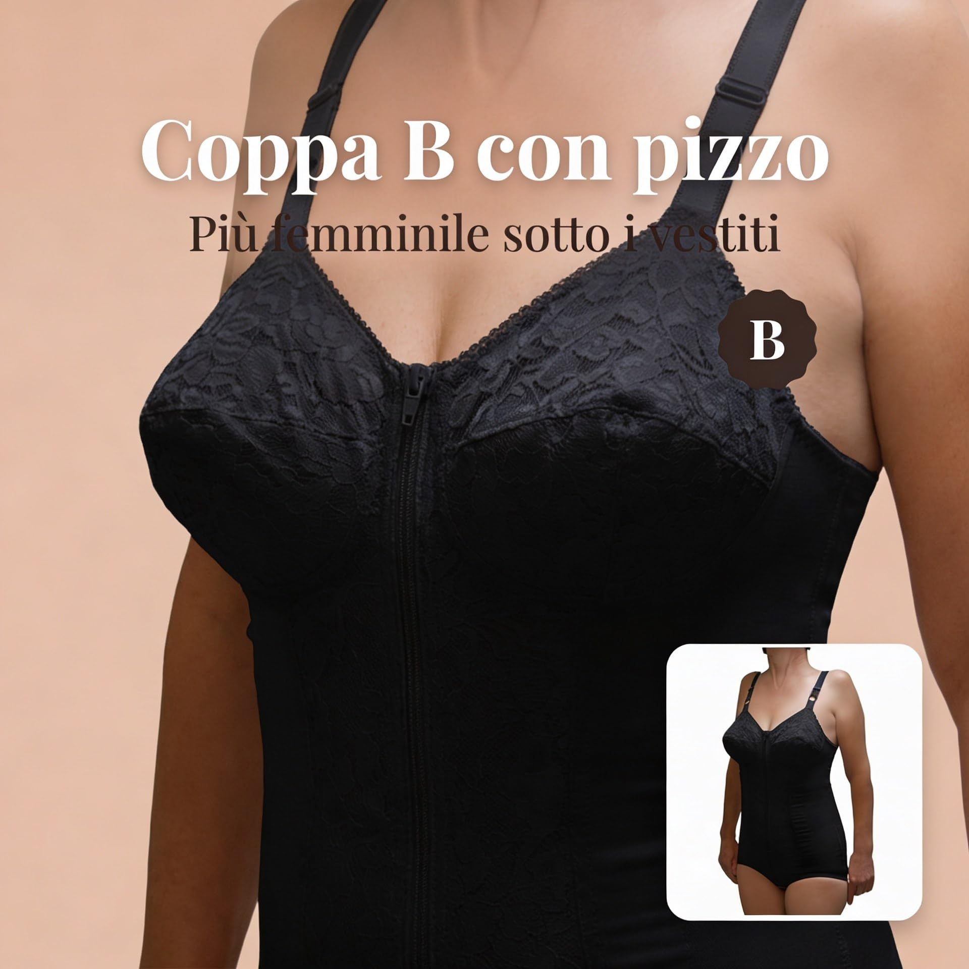 Body Contenitivo Donna con Coppe C/D Guaina Modellante con Ganci e Cerniera Frontale, Sostegno Schiena e Addome, Effetto Snellente, Made in Italy
