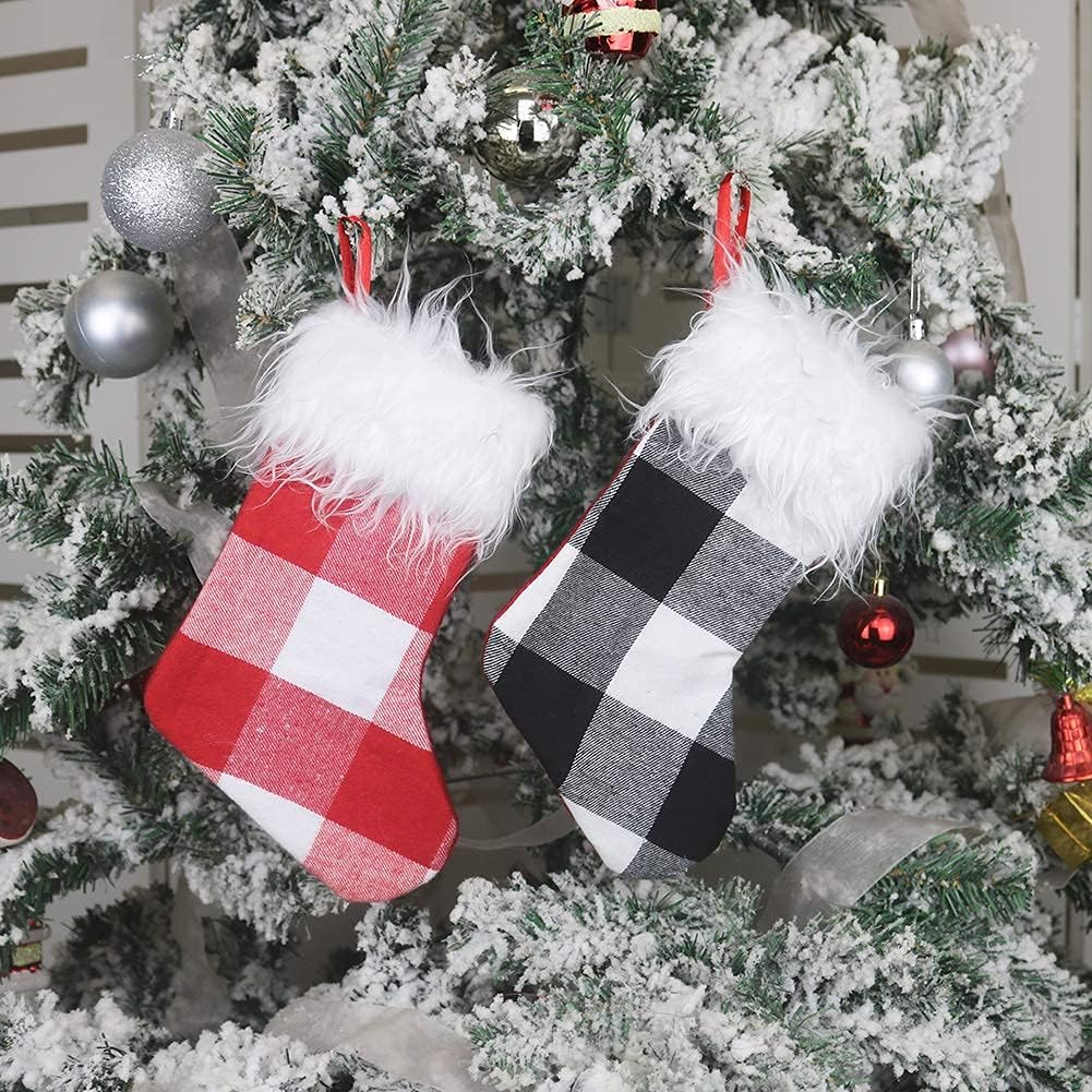 Ubersweet® Imported Small Christmas Stoc 2 Pcs Xmas Tree Stoc Ornaments Decorations 10'' Plaid Hanging Socks with Plush Cuff for Family Holiday Season Decor_127971