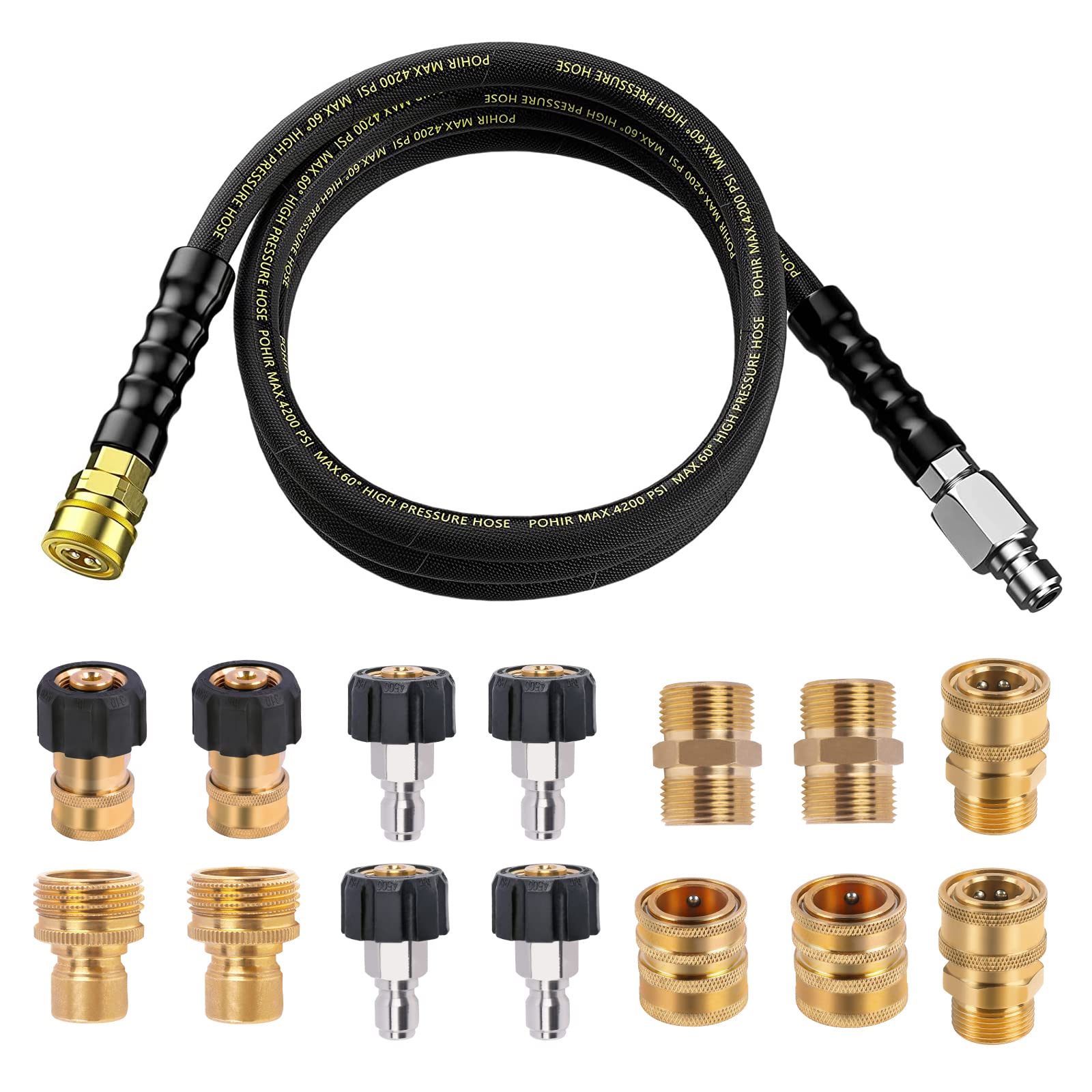 POHIRPressure Washer Whip Hose 10 FT, Adapter 14 Pack Full Set, 3/8 Power Washer Quick Disconnect Kit with M22 Swivel to 3/8'' Quick Connect Fittings, 3/4" to Quick Release and M22 15mm to 14mm Male