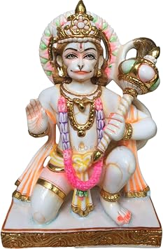 Hanuman Statue, Gold leaf work Large 12 inches Marble Bajrang Bali Murti, Hindu Monkey god Handpainted Multicolor Figurine, Perfect for Small Home Temple Decoration, Housewarming Gifts Sculpture